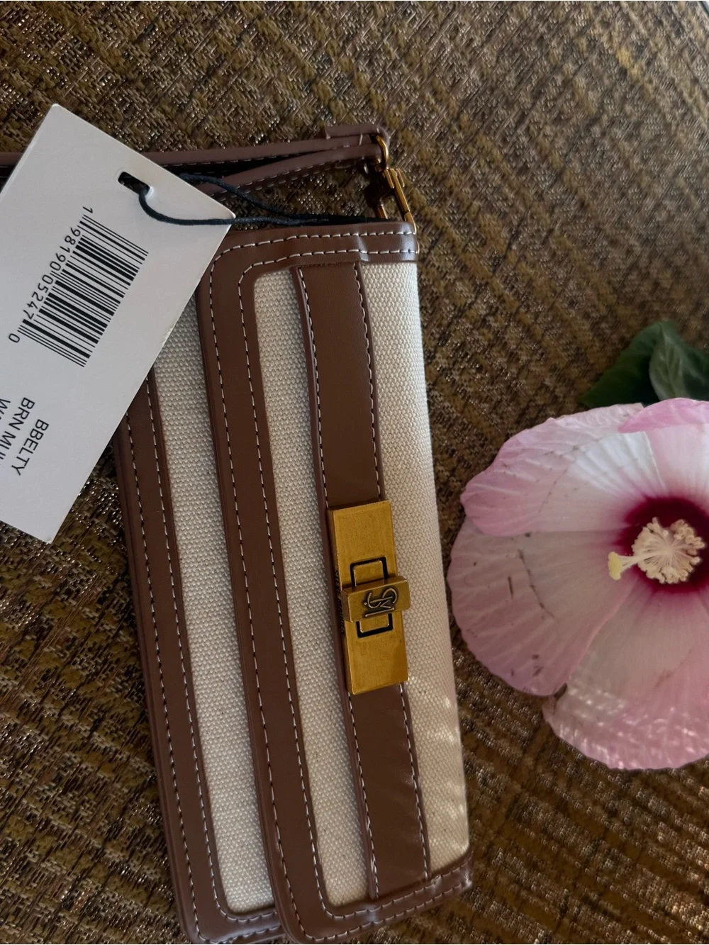 Steve Madden Beige and Taupe Canvas Wristlet with Unique Gold Accent Hardwares